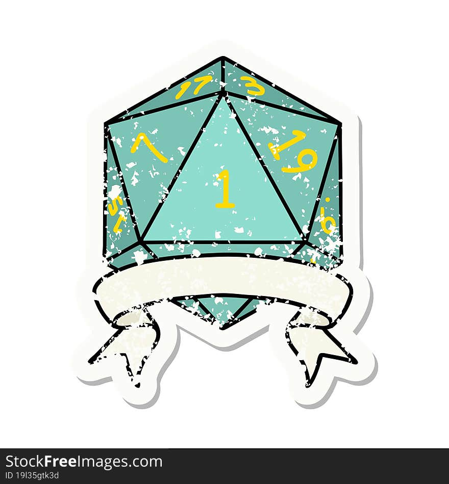 natural one d20 dice roll grunge sticker