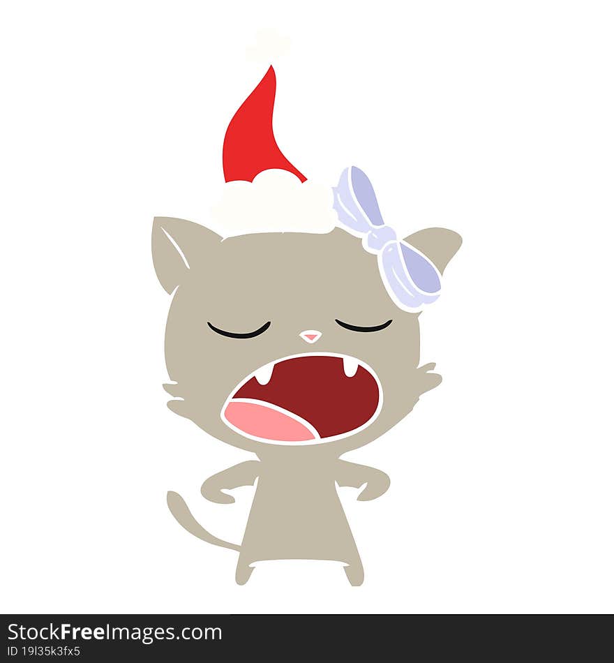 flat color illustration of a yawning cat wearing santa hat