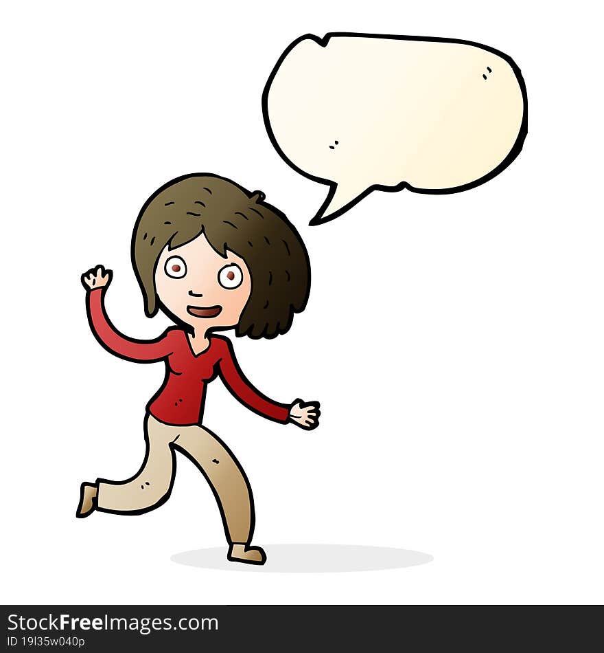 cartoon happy waving girl with speech bubble