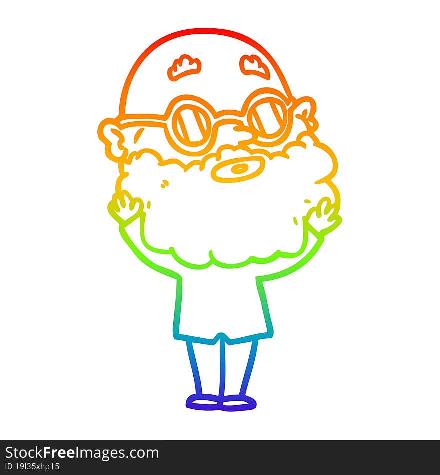 rainbow gradient line drawing of a cartoon curious man with beard and glasses