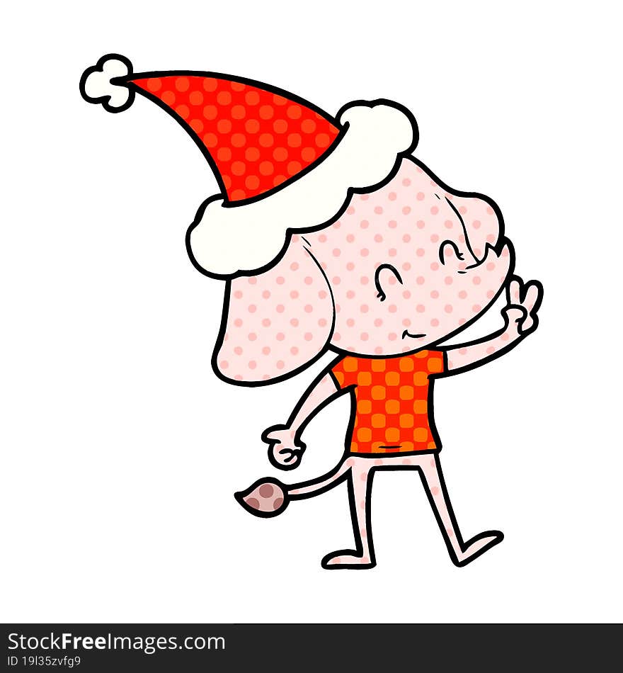 cute hand drawn comic book style illustration of a elephant wearing santa hat