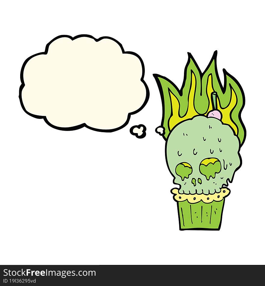 cartoon spooky skull cupcake with thought bubble