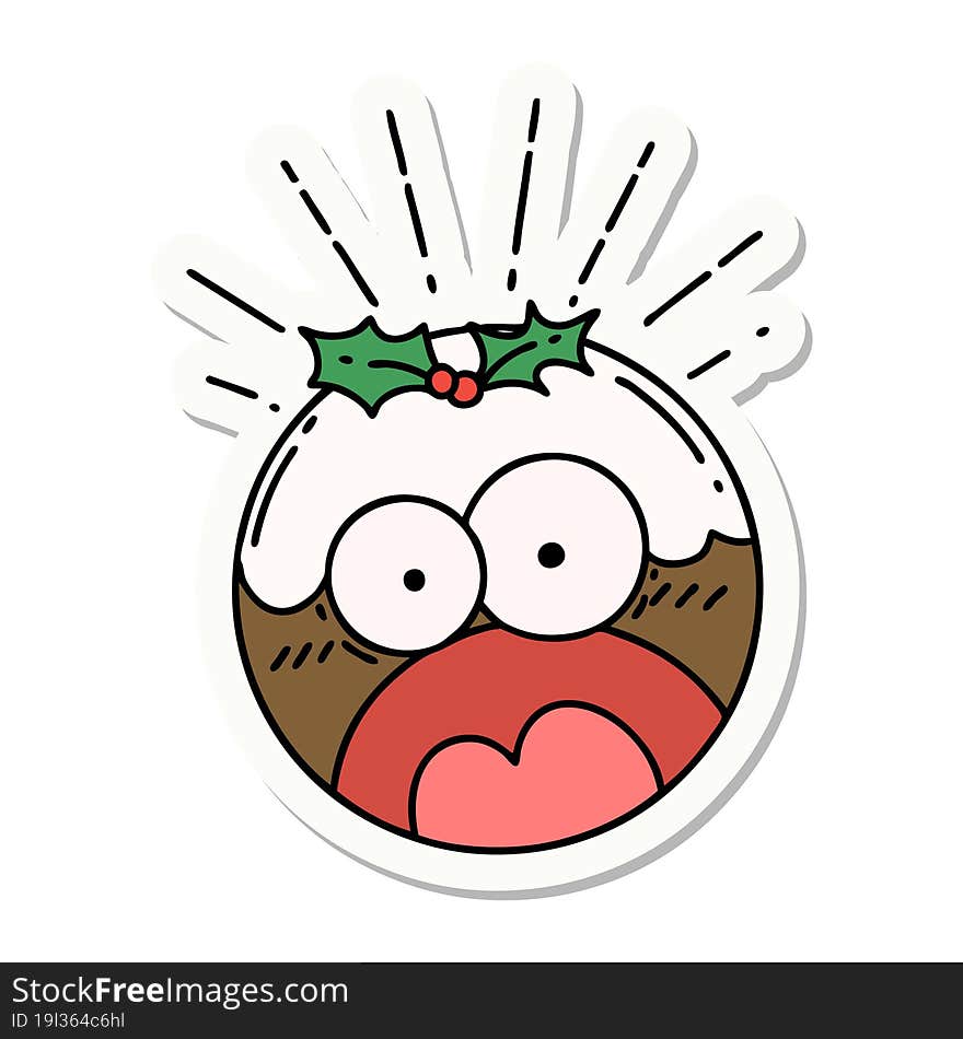 sticker of tattoo style shocked christmas pudding