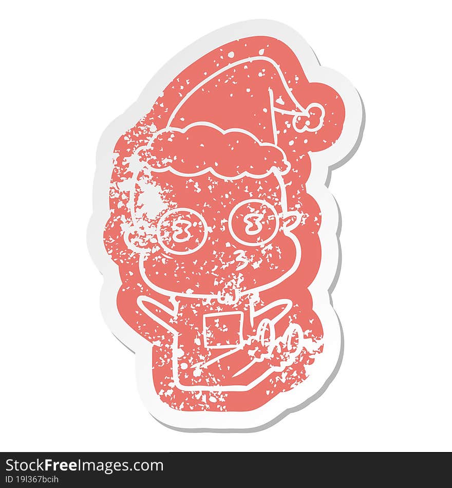 Cartoon Distressed Sticker Of A Weird Bald Spaceman Wearing Santa Hat