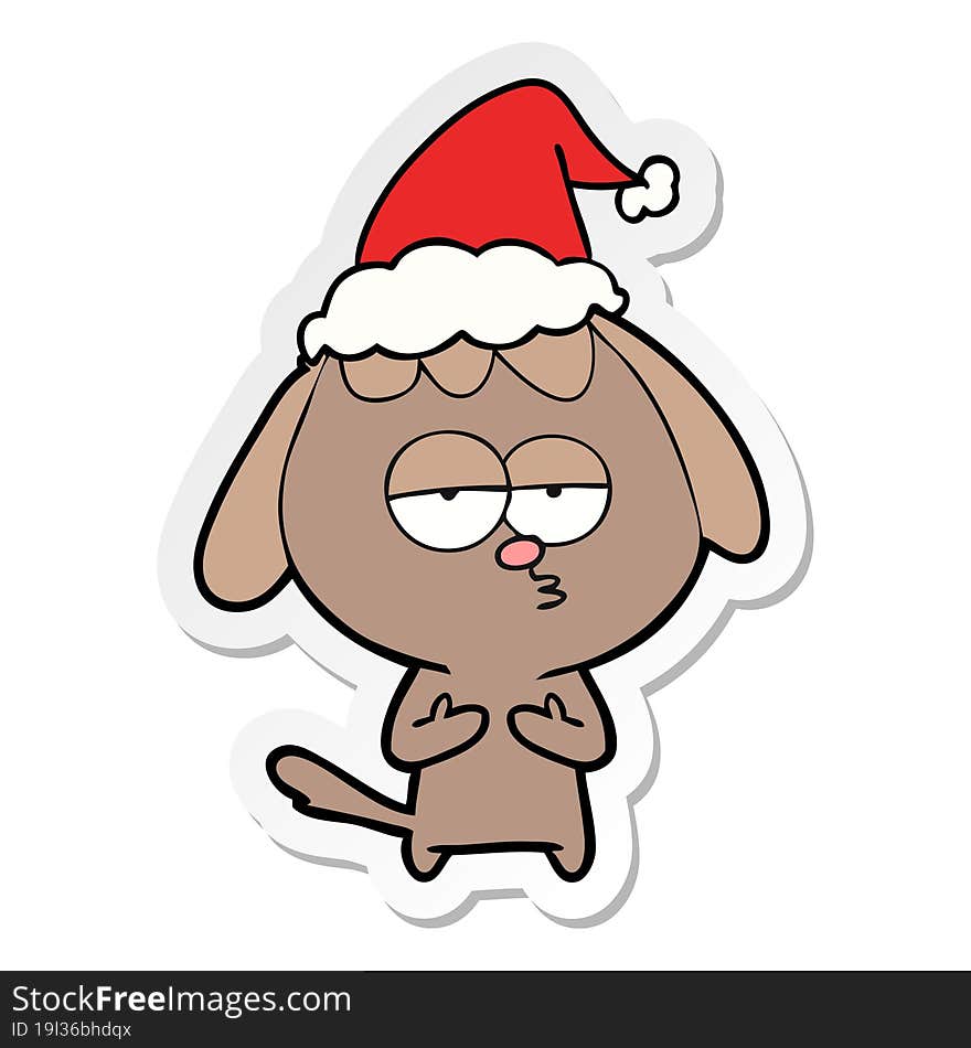 sticker cartoon of a bored dog wearing santa hat