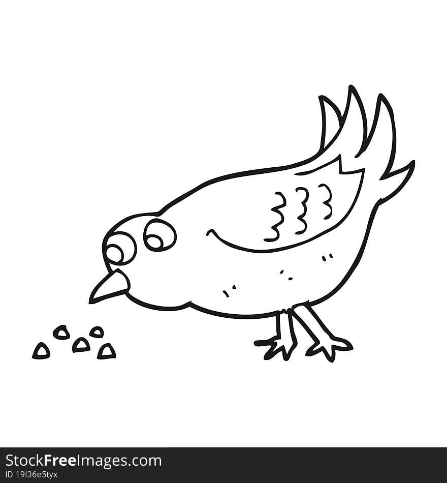 black and white cartoon bird pecking seeds