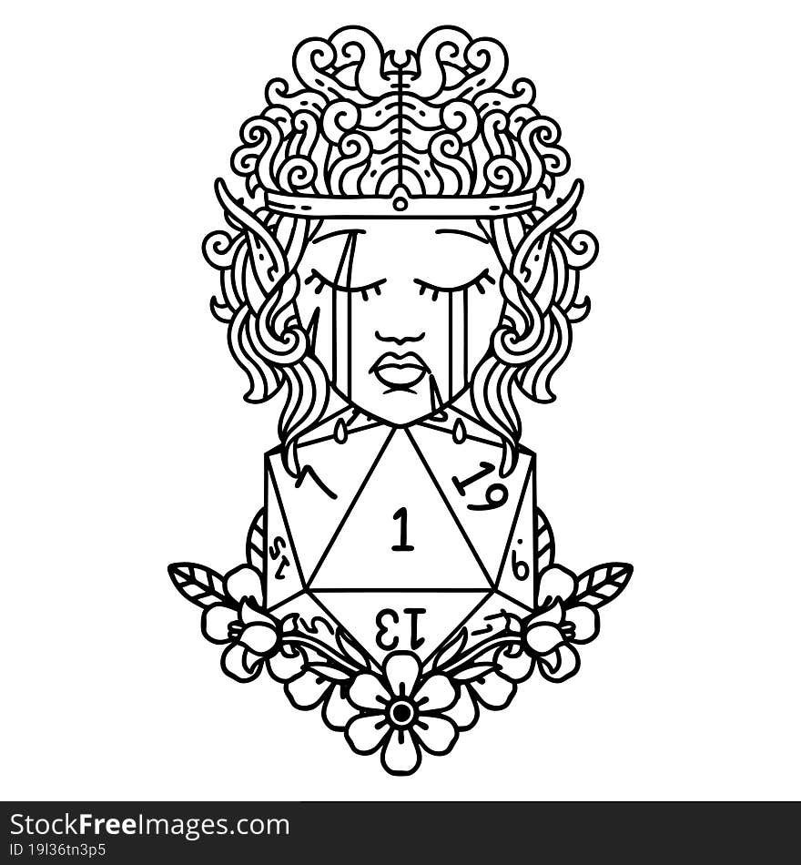 Black and White Tattoo linework Style crying elf barbarian character with natural one D20 roll. Black and White Tattoo linework Style crying elf barbarian character with natural one D20 roll