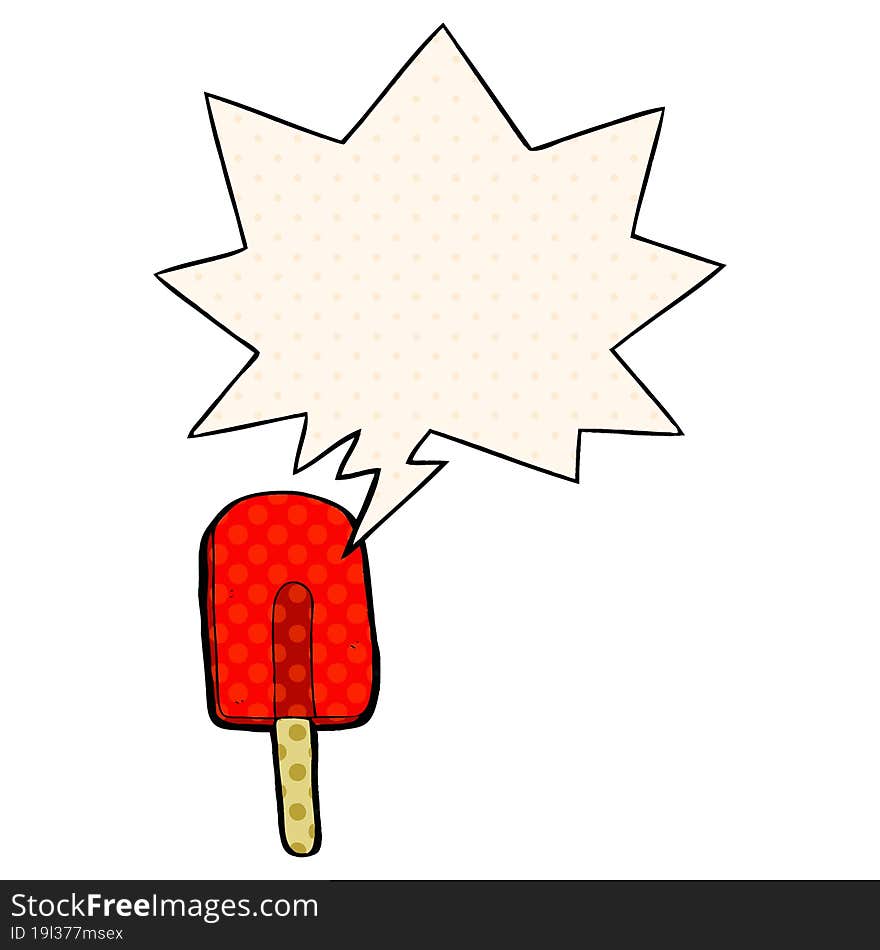 cartoon ice lolly and speech bubble in comic book style