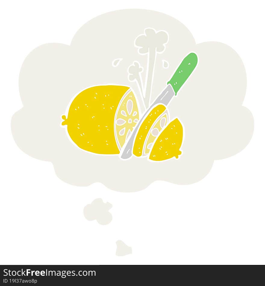 cartoon sliced lemon and thought bubble in retro style