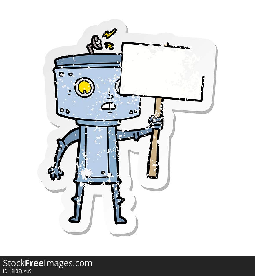 distressed sticker of a cartoon robot with blank sign