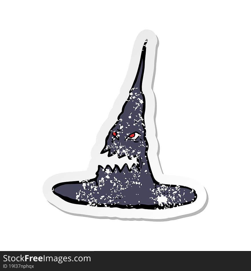 retro distressed sticker of a cartoon spooky witches hat