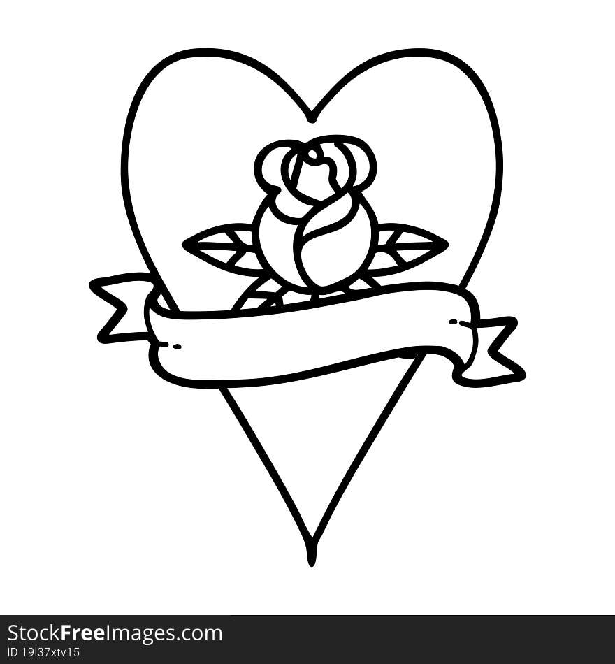 tattoo in black line style of a heart rose and banner. tattoo in black line style of a heart rose and banner