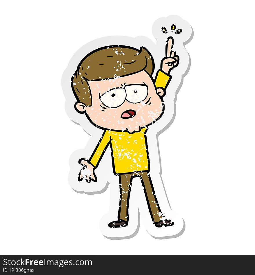 distressed sticker of a cartoon tired man pointing