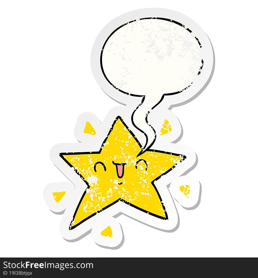 cartoon happy star and speech bubble distressed sticker