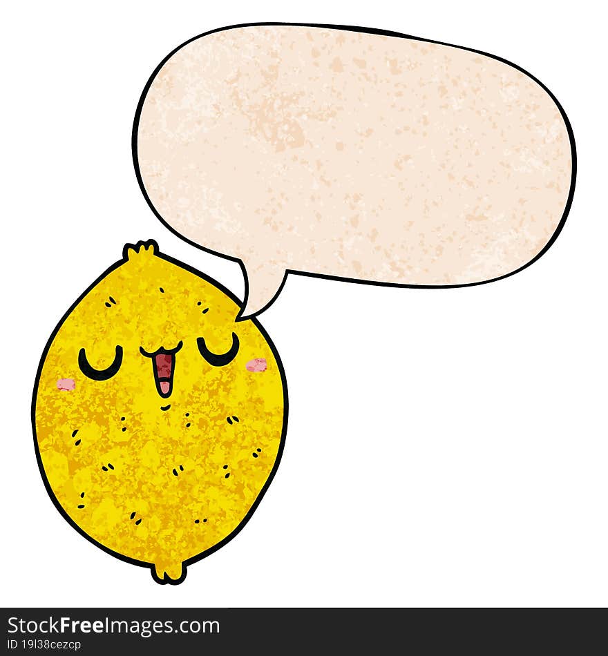 Cartoon Happy Lemon And Speech Bubble In Retro Texture Style