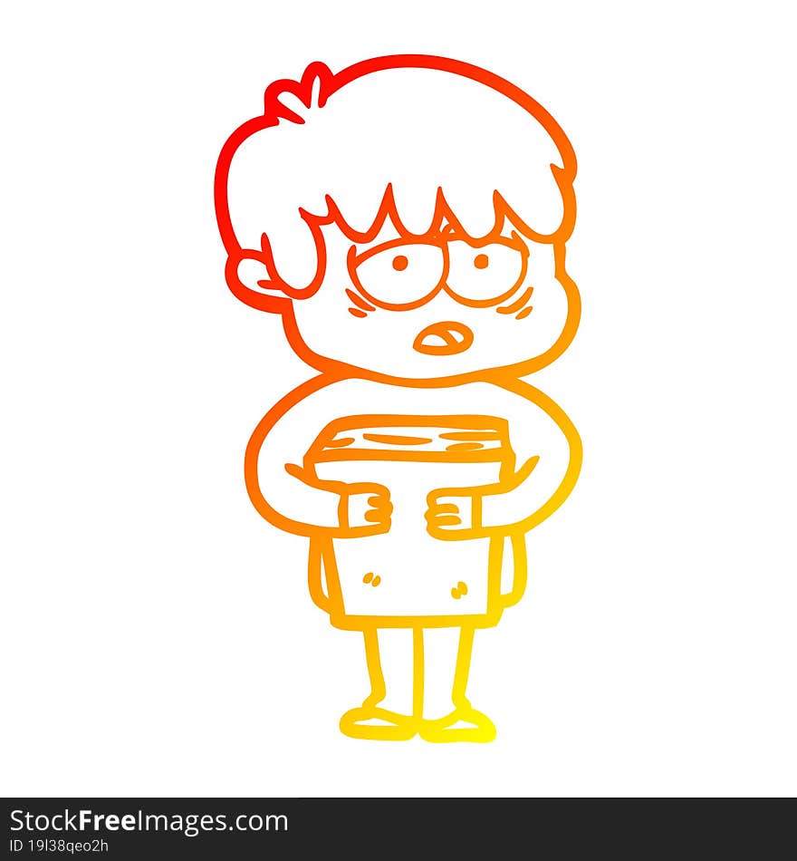 Warm Gradient Line Drawing Cartoon Exhausted Boy Holding Book