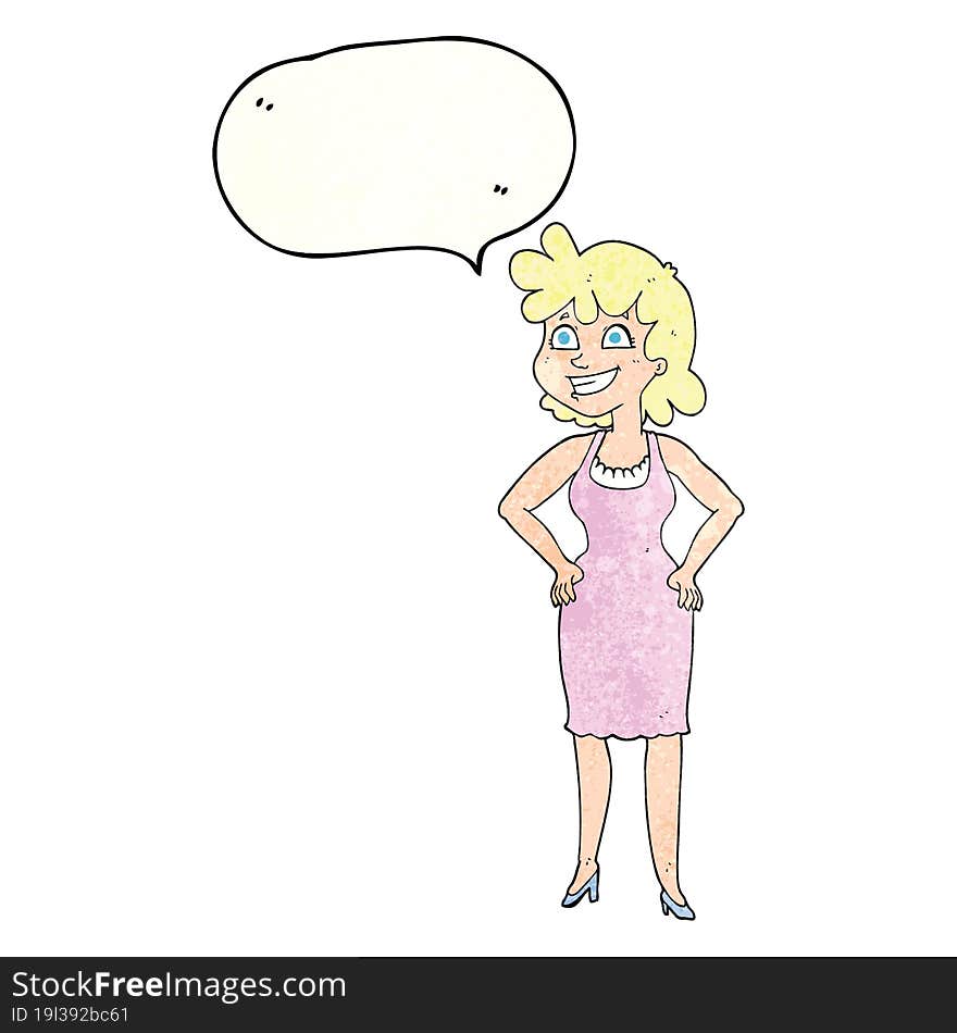 speech bubble textured cartoon happy woman wearing dress