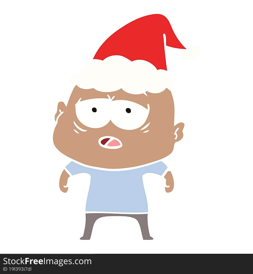 flat color illustration of a tired bald man wearing santa hat