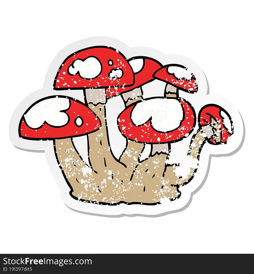 distressed sticker of a cartoon mushrooms