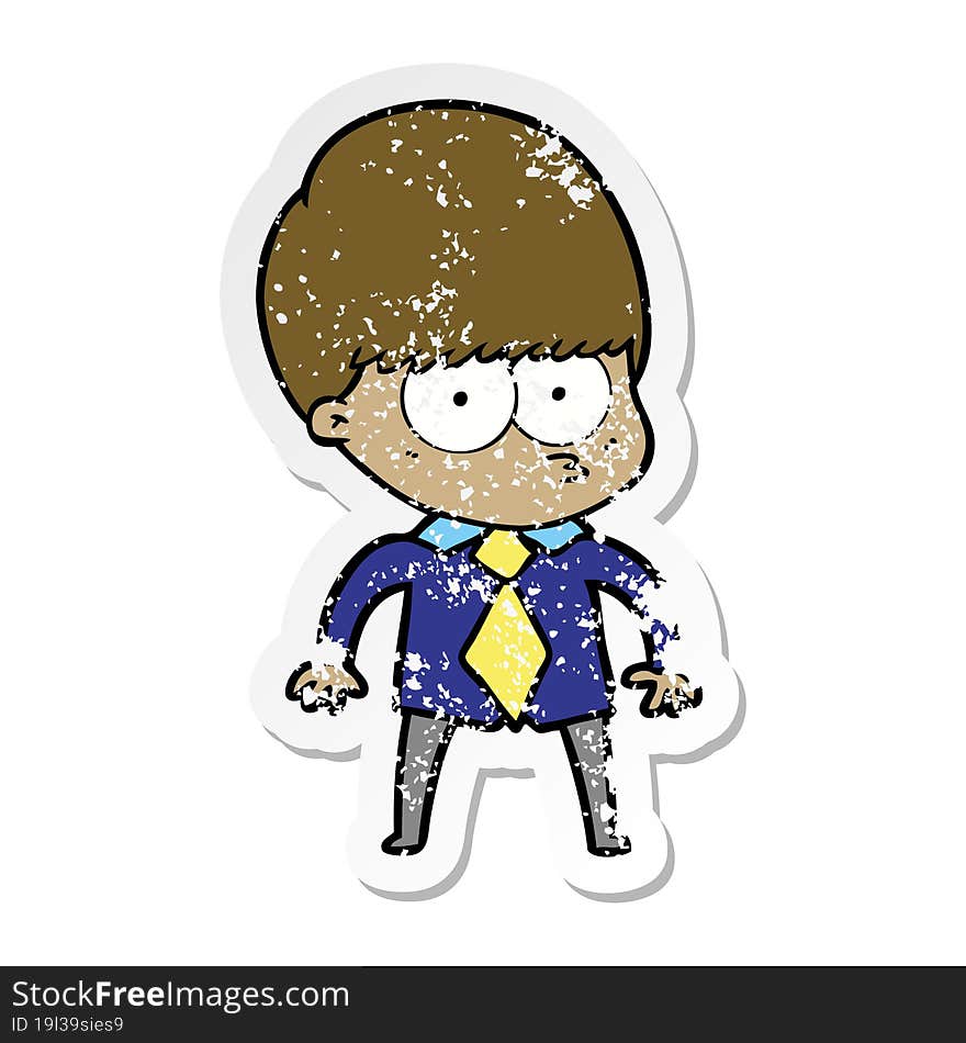 distressed sticker of a nervous cartoon boy wearing shirt and tie