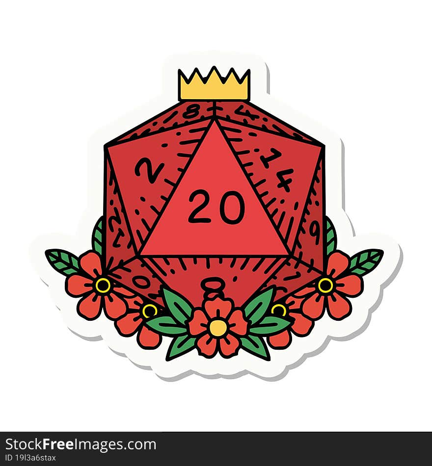 sticker of a natural 20 D20 dice roll with floral elements. sticker of a natural 20 D20 dice roll with floral elements