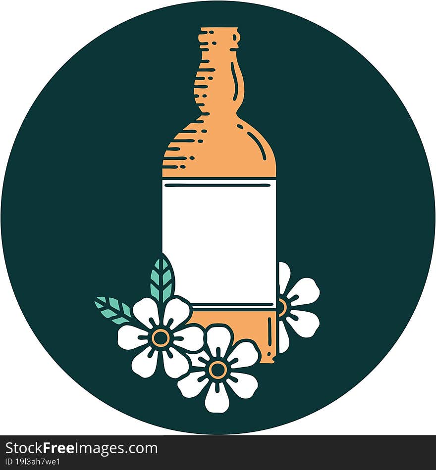 Tattoo Style Icon Of A Rum Bottle And Flowers