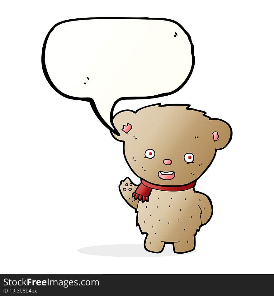 cartoon teddy bear waving with speech bubble