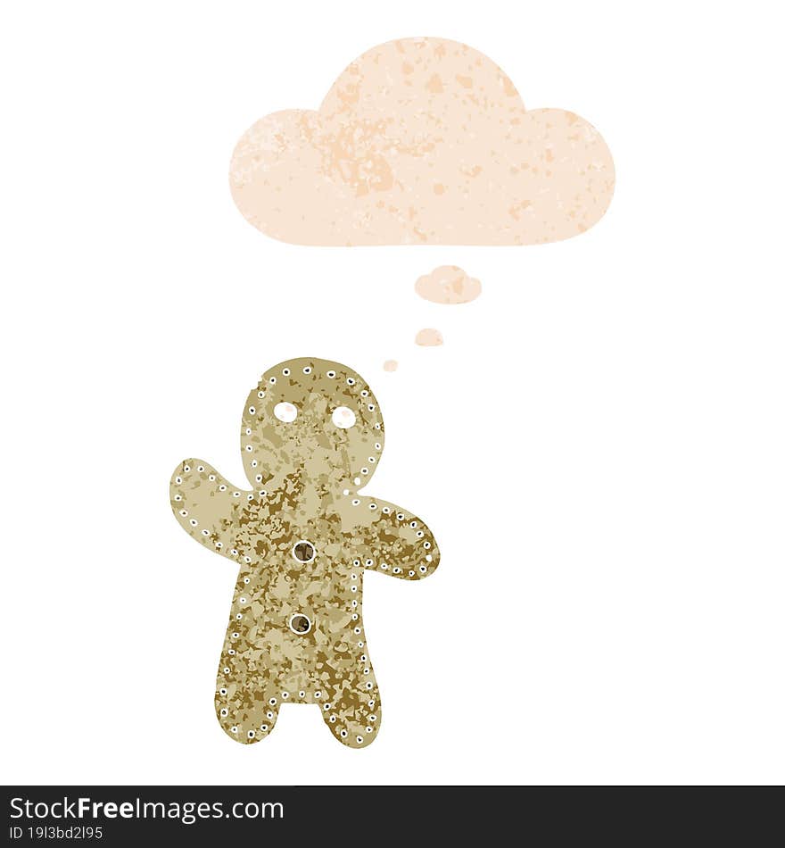 Cartoon Gingerbread Man And Thought Bubble In Retro Textured Style