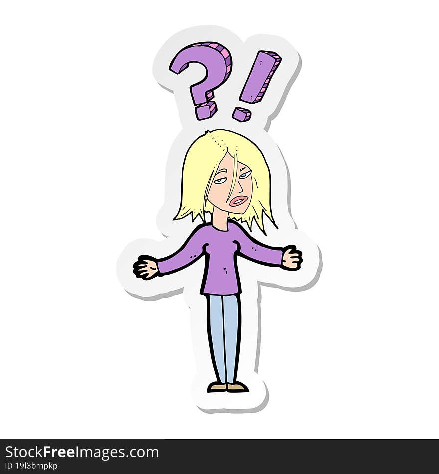 sticker of a cartoon woman asking question