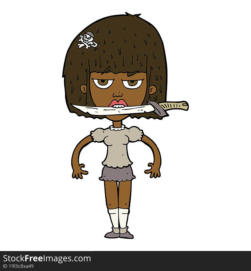 cartoon woman with knife between teeth