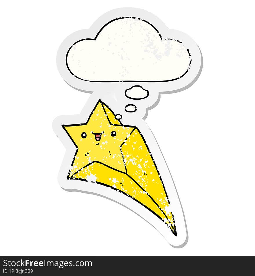 cartoon shooting star and thought bubble as a distressed worn sticker