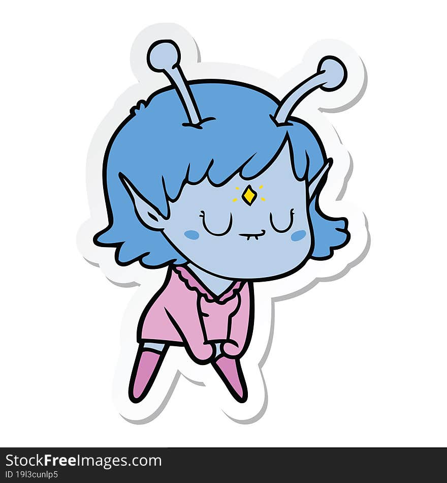 sticker of a cartoon alien girl doing muscle pose