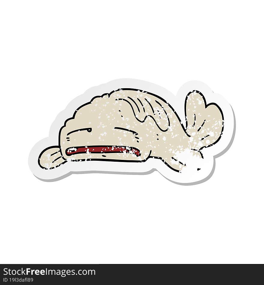 distressed sticker of a cartoon sad old fish