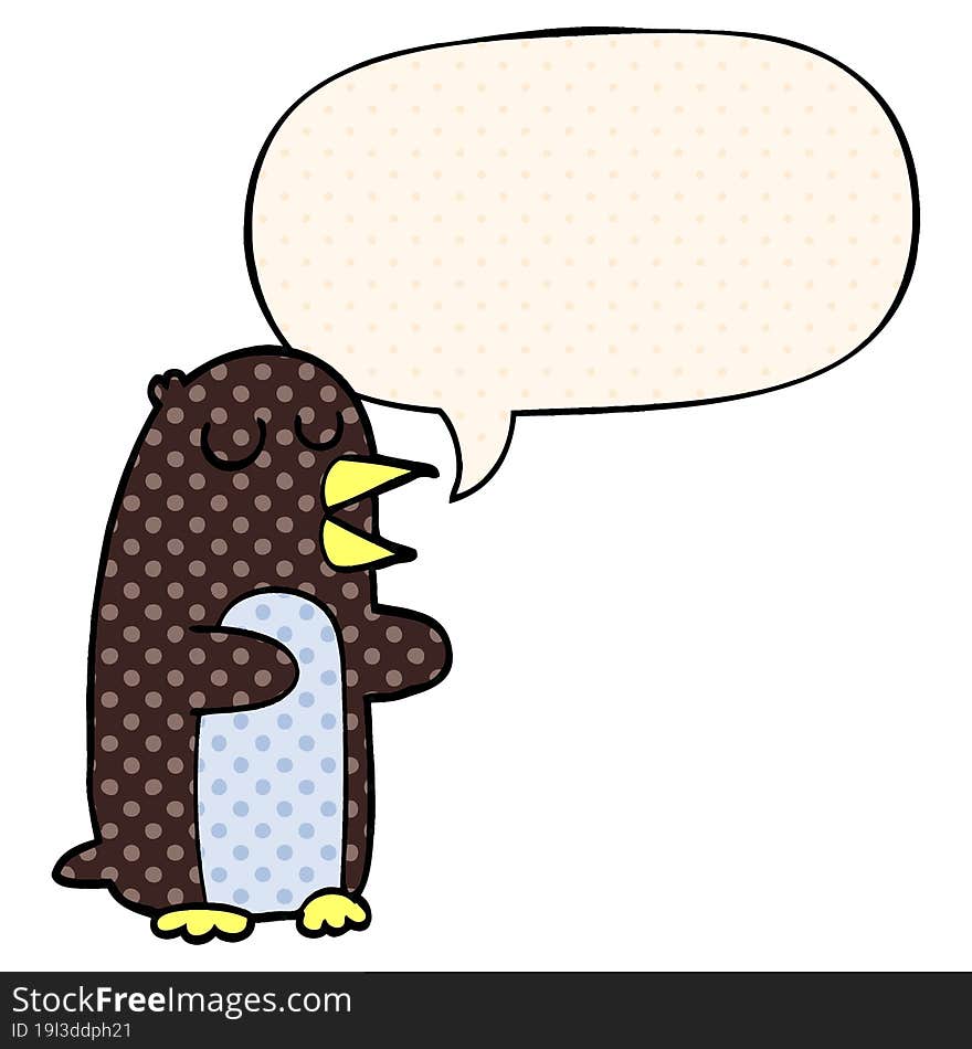 cartoon penguin with speech bubble in comic book style