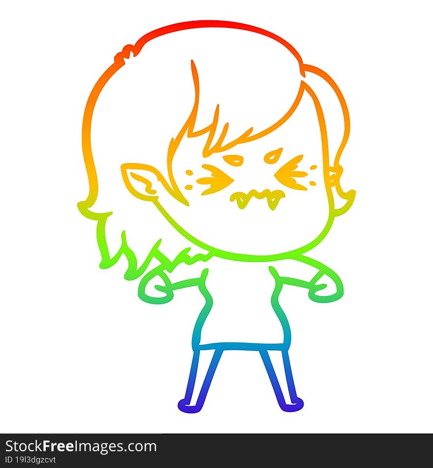 Rainbow Gradient Line Drawing Annoyed Cartoon Vampire Girl