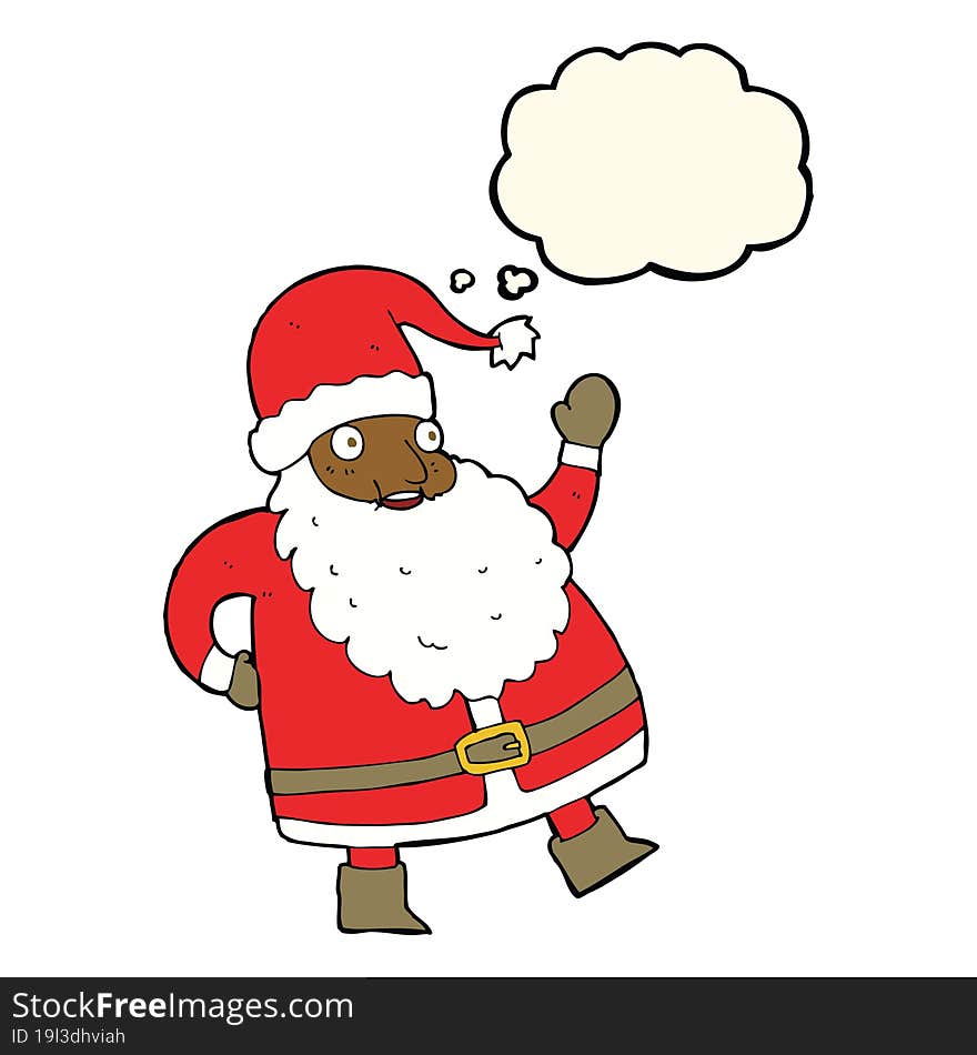 funny waving santa claus cartoon with thought bubble