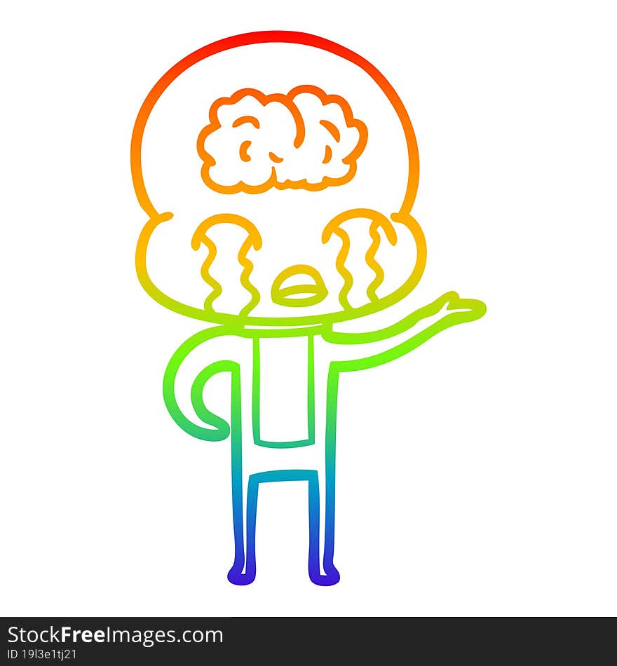 rainbow gradient line drawing cartoon big brain alien crying