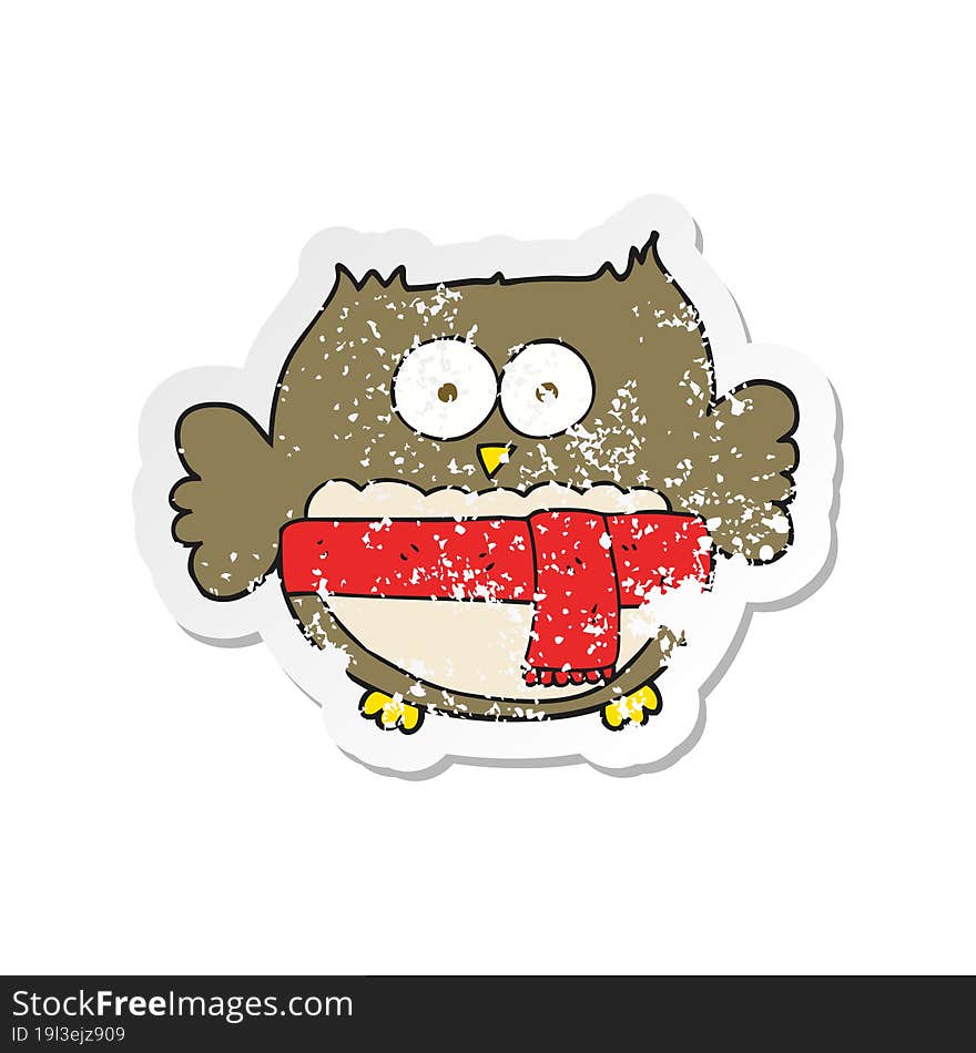 retro distressed sticker of a cartoon owl wearing scarf