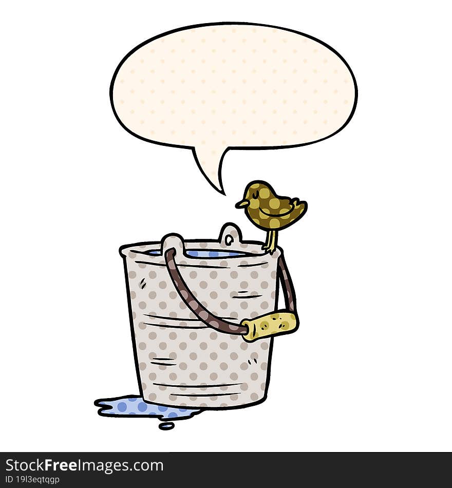 cartoon bird looking into bucket of water and speech bubble in comic book style