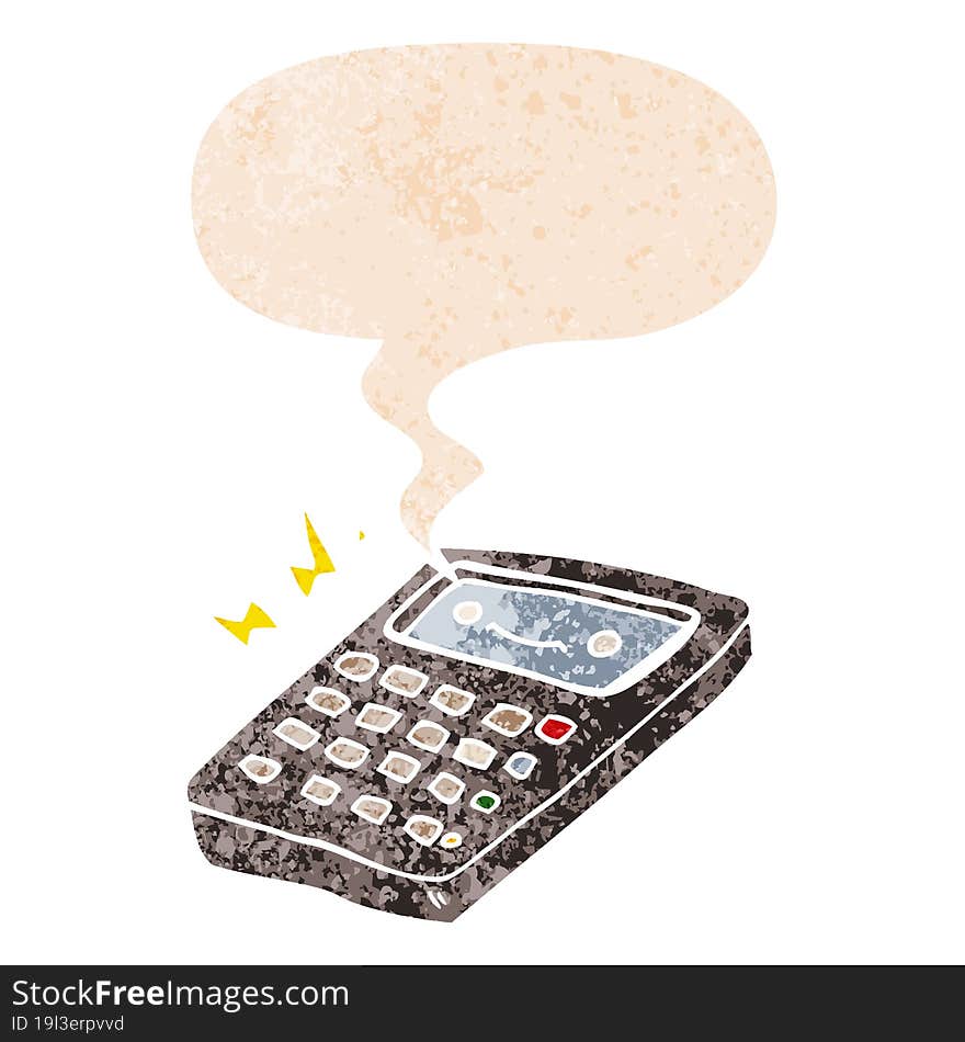 cartoon calculator with speech bubble in grunge distressed retro textured style. cartoon calculator with speech bubble in grunge distressed retro textured style