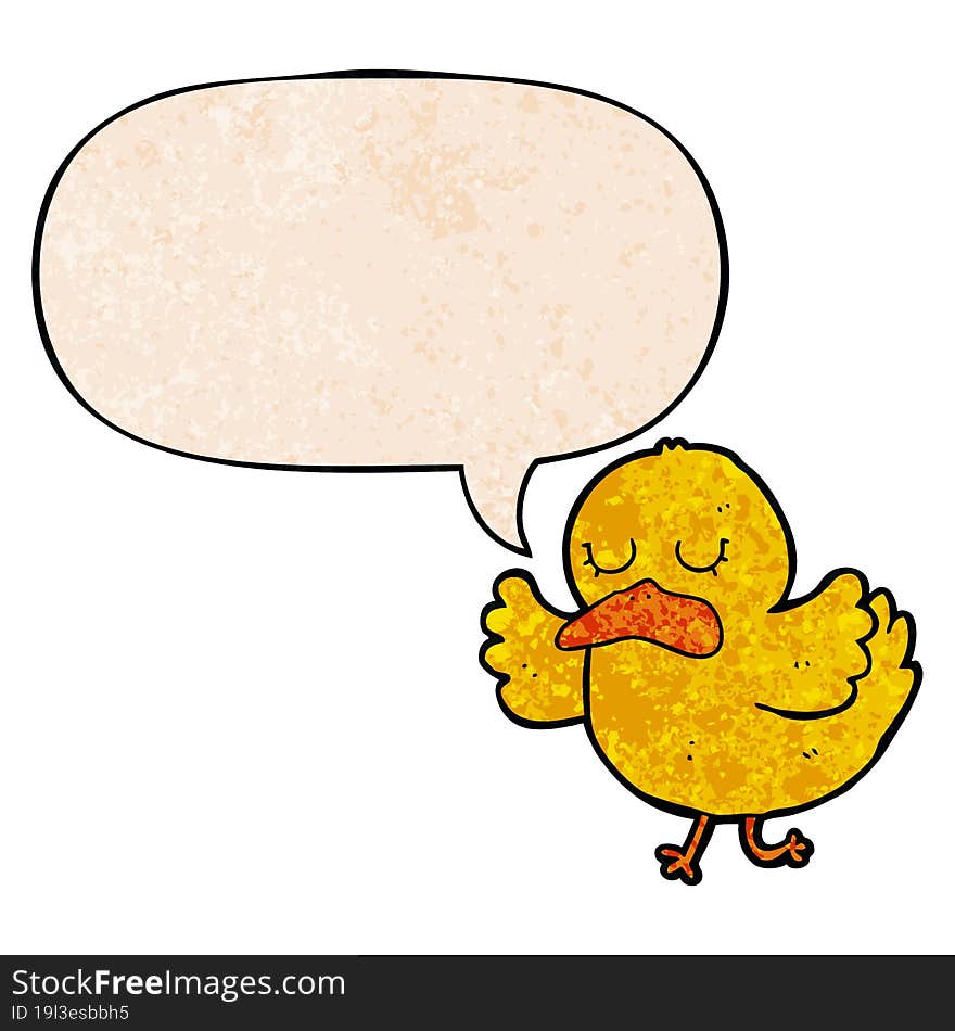 cartoon duck and speech bubble in retro texture style