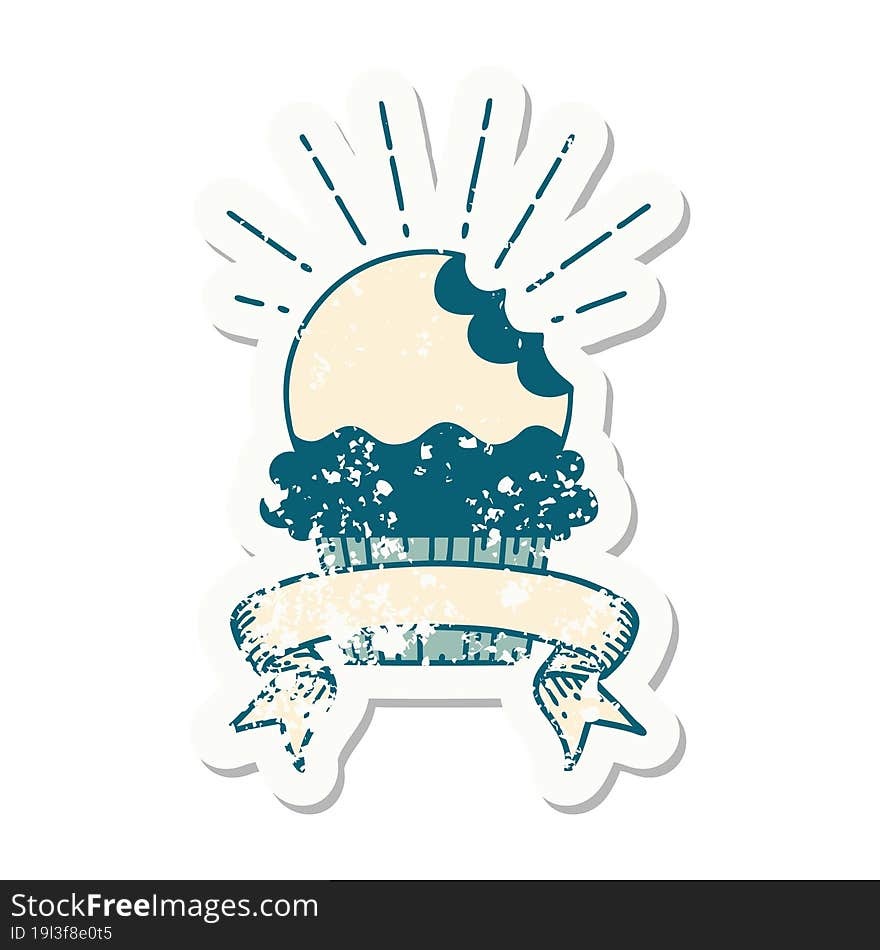 grunge sticker of tattoo style cupcake with missing bite