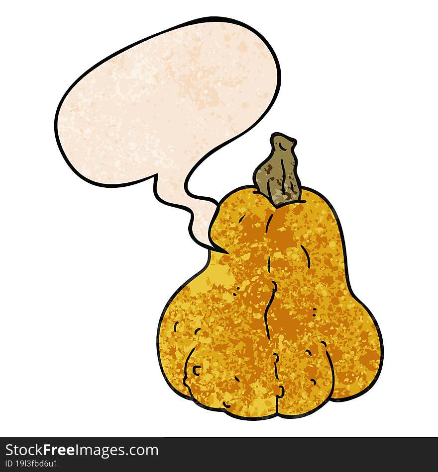 cartoon squash with speech bubble in retro texture style