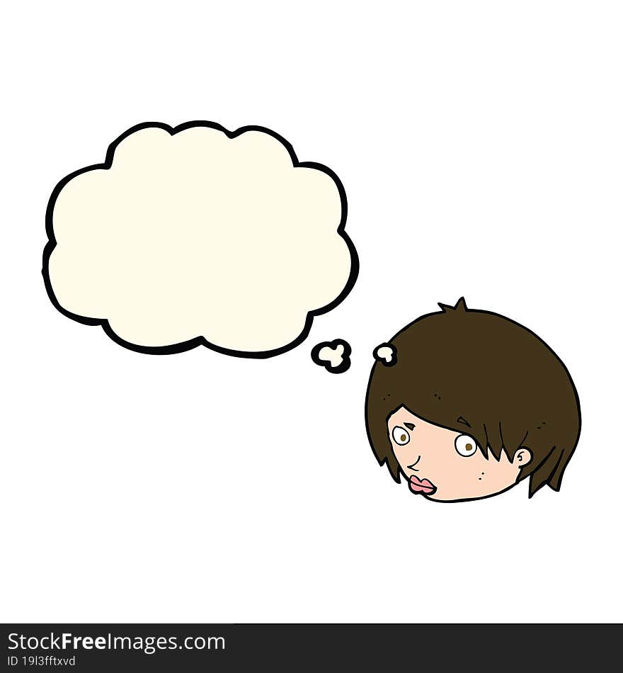 cartoon female face with raised eyebrow with thought bubble