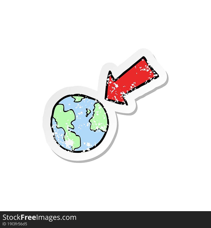 retro distressed sticker of a cartoon arrow pointing at earth