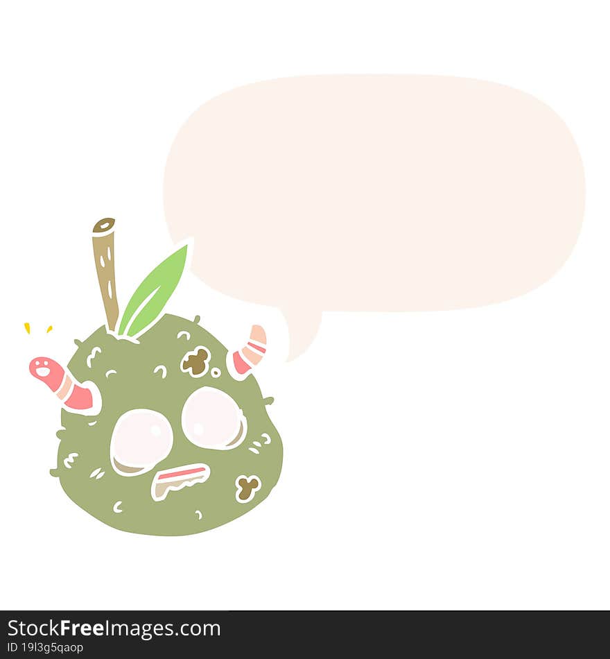 cartoon rotting old pear with worm with speech bubble in retro style. cartoon rotting old pear with worm with speech bubble in retro style