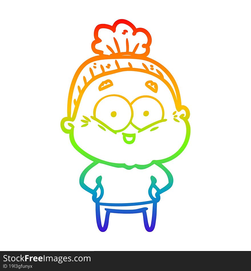 rainbow gradient line drawing of a cartoon happy old woman