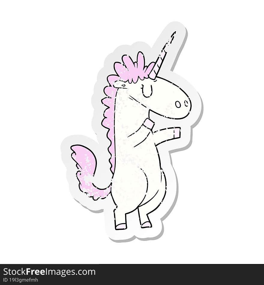 distressed sticker of a cartoon unicorn