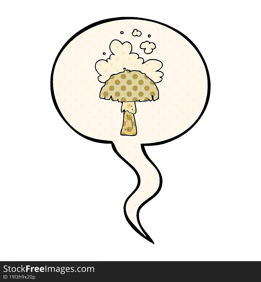 cartoon mushroom with spore cloud with speech bubble in comic book style. cartoon mushroom with spore cloud with speech bubble in comic book style