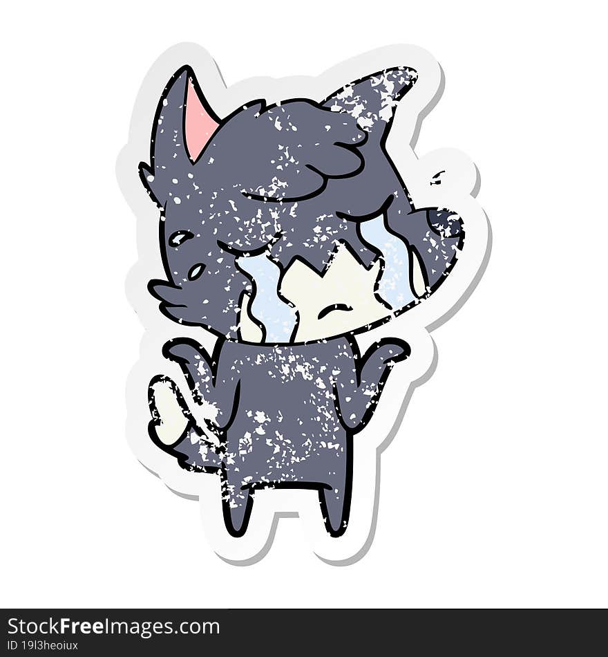 distressed sticker of a crying fox shrugging shoulders